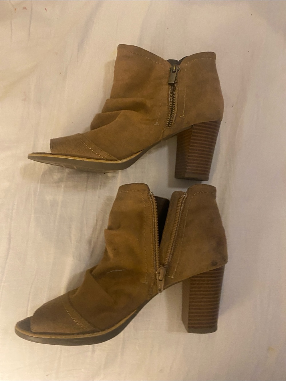 White Mountain Tan Suede Peep-Toe Block Heel Ankle Boots